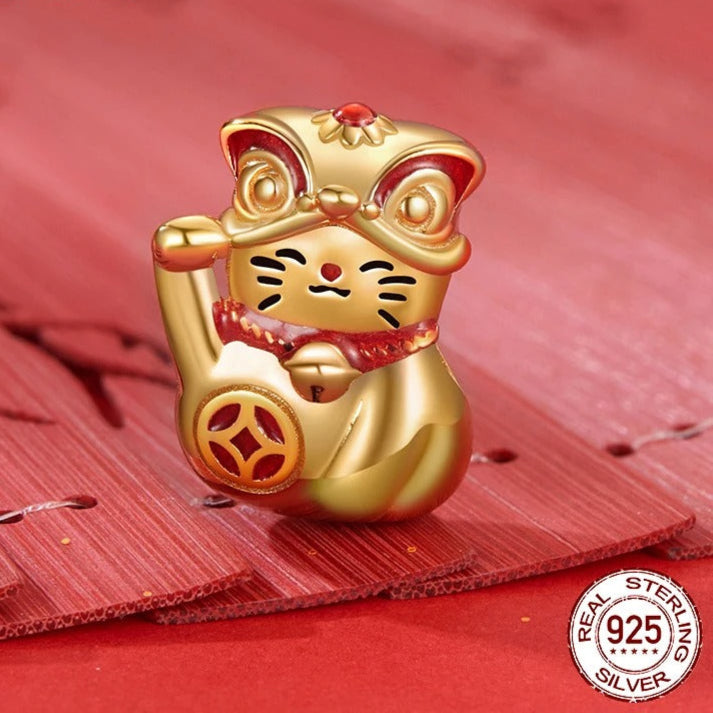 Solid Silver Lucky Cat Charm Beads Fit Original Bracelet & Necklace DIY