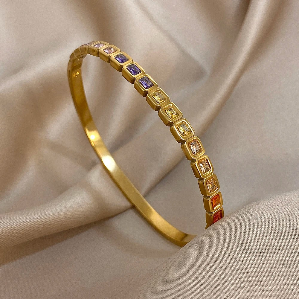 Colorful Zircon Square Beads Stainless Steel Bracelets for Women Trendy Gold Silver Color Stacked Cuff Bangle Waterproof Jewelry