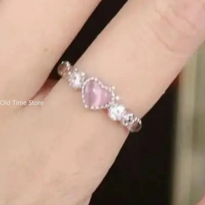 Pink Heart Crystal Ring Women Kpop Love Zircon Jewelry