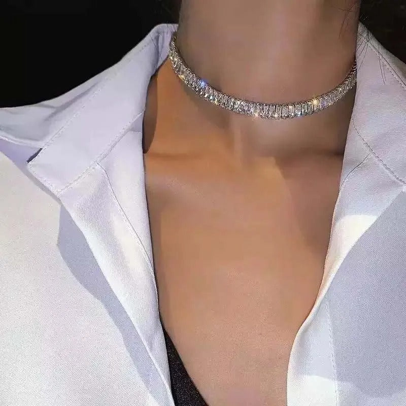 Stainless Steel Silver Color Zircon Choker Necklace for Women Exquisite Crystal Rectangle Geometric Necklace Wedding Jewelry