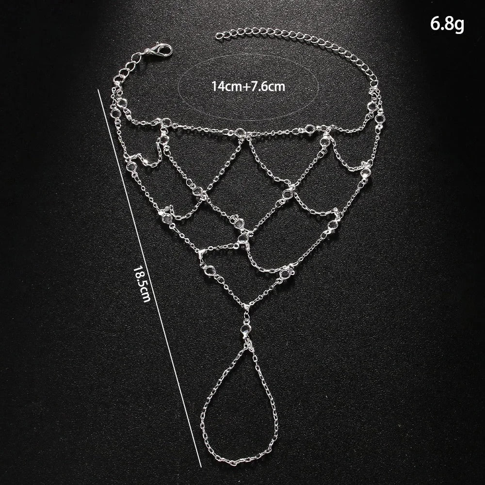 Round Rhinestone Mesh Slave Bracelet Hand Accessories Women 2025 Summer Beach Finger Chain Bracelet