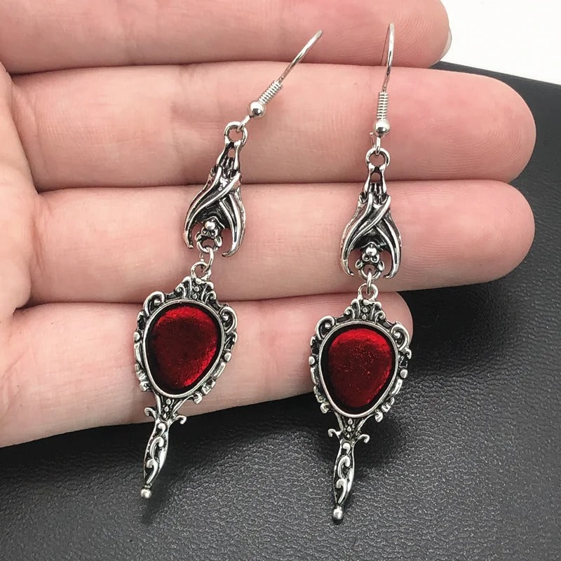 Vintage Vampire Bat Magic Mirror Drop Earrings Gothic Punk Dangling Accessories