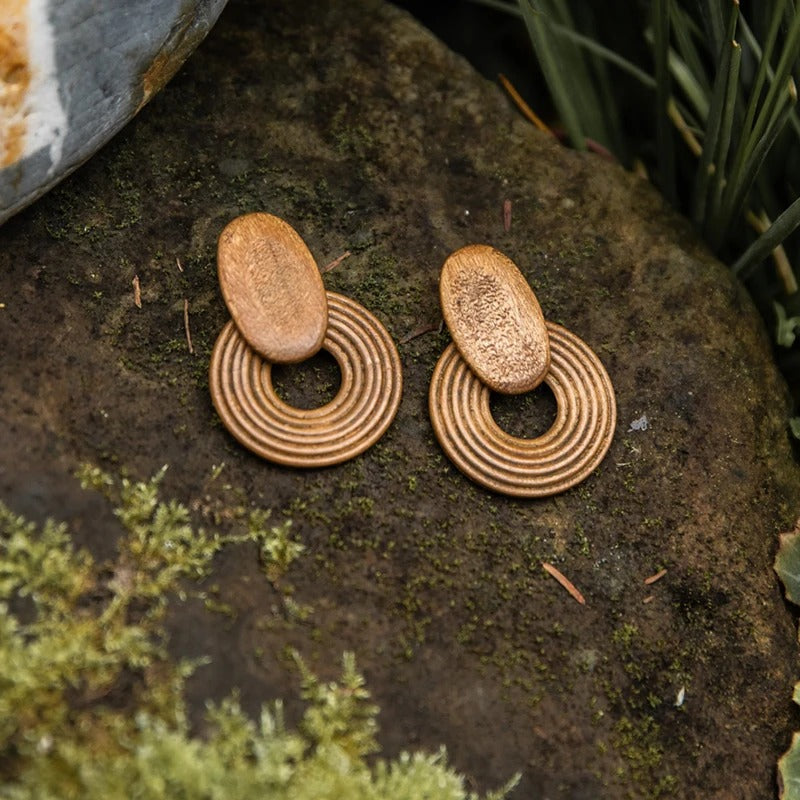 Unique Wooden Round Drop Earrings Handmade Women Jewelry
