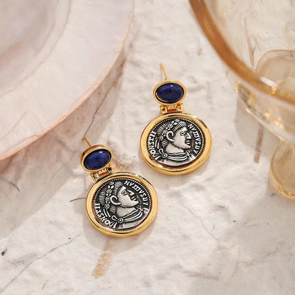women gold plated luxury ancient portrait coin earrings