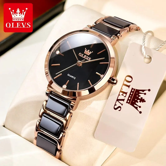OLEVS Fashion Women’s Rose Gold Quartz Watch with Ceramic Strap Elegant Luxury Relogio Feminino