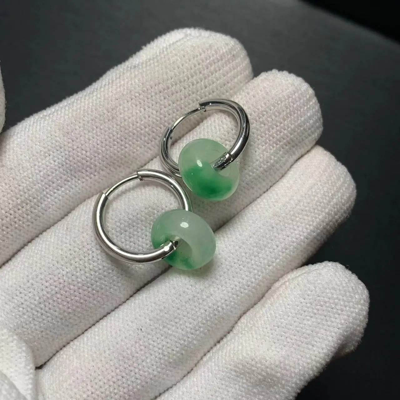 STONE Natural Green Jade Hoop Earrings Simple Classic Round Circle Gemstone Jewelry Handmade Stainless Steel