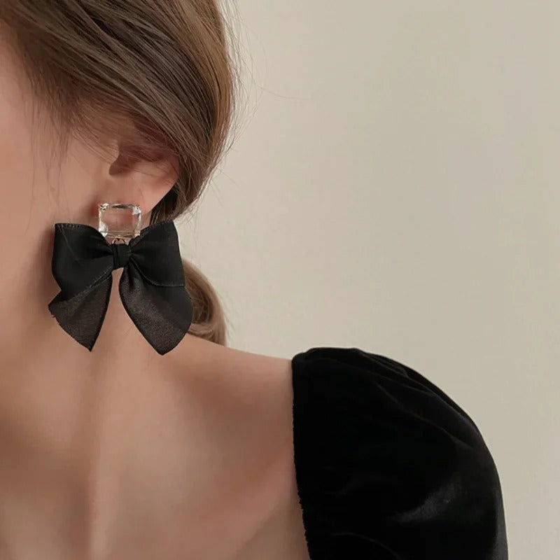 Black White Lace Bow Stud Earrings for Women
