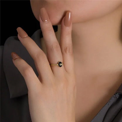 Real 925 Sterling Silver 18k Gold Plating Synthetic black agate Open Ring For Women vintage Light Luxury Fine Jewelry