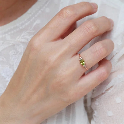 Olive Green Oval Zircon Ring for Women Rose Gold Minimalist Band