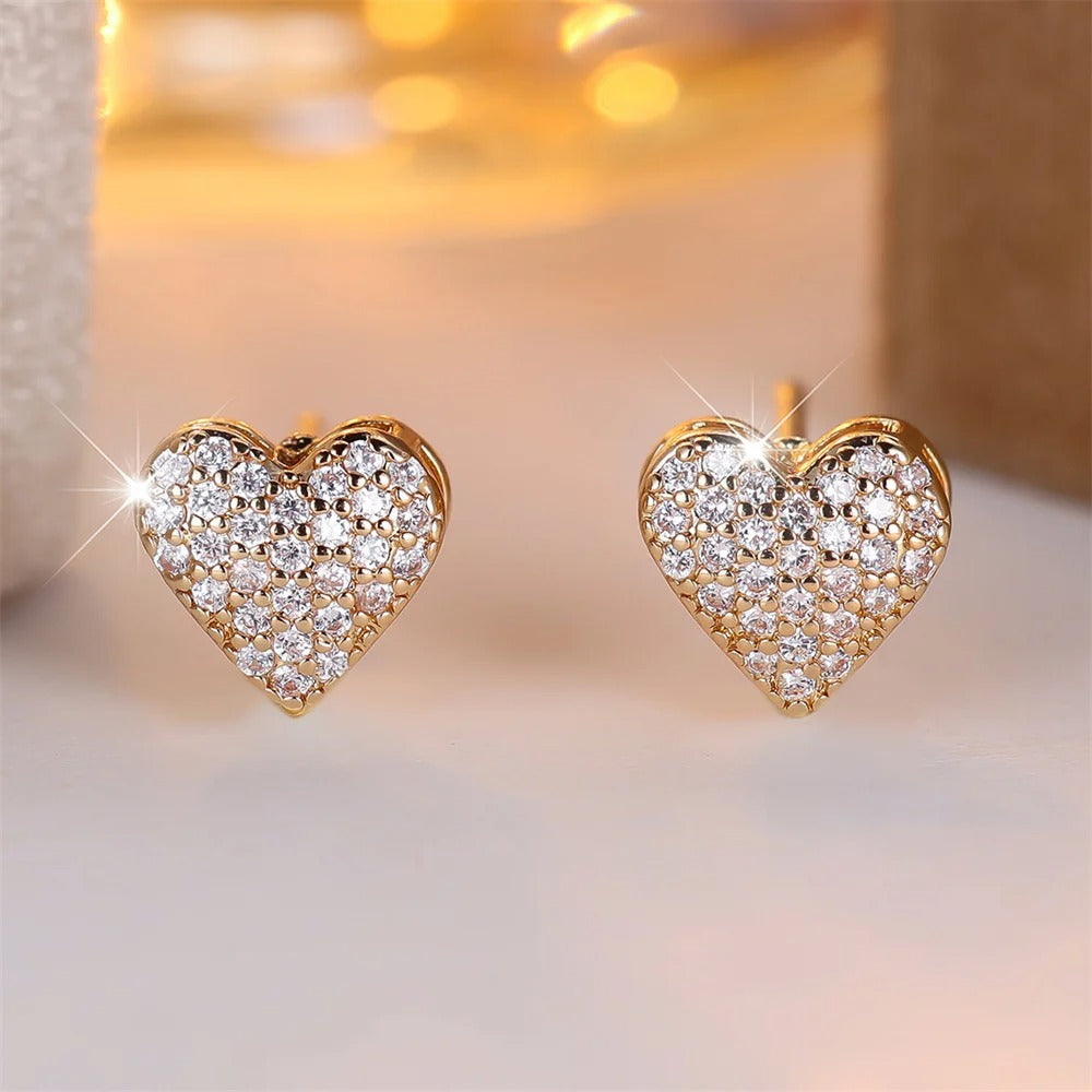 White Zircon Small Round Stone Love Heart Stud Earrings For Women Vintage Gold Silver Color Versatile Jewelry Wedding