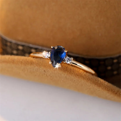 Royal Blue Pear Cut Zircon Ring for Women Gold Minimalist Stacking CZ