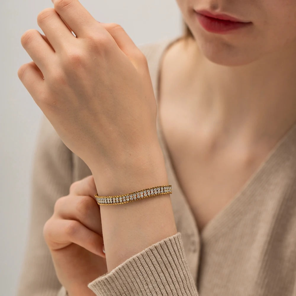 Double Layer Stainless Steel Inlaid Square Zircon Bracelet For Women Design Waterproof Jewelry Vacation Gift