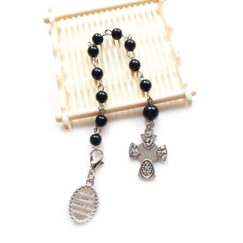 Vintage Black Glass Rosary Cross Bracelets For Men Women Religious Jewelry