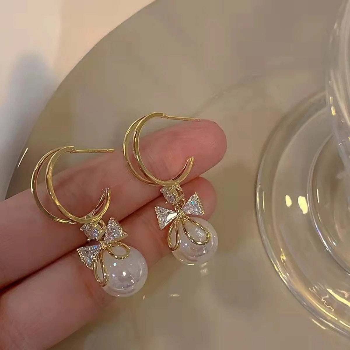Korean Unique Design Zircon Bow Drop Earrings Exquisite Pearl Flower Jewelry for Women