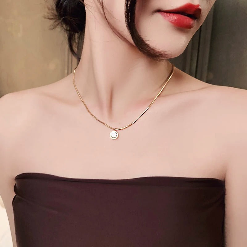 2025 New Simple Design Shiny Zircon Pendant Stainless Steel Gold Color Necklace Girls' Collar Chain Fashion Jewelry For Women