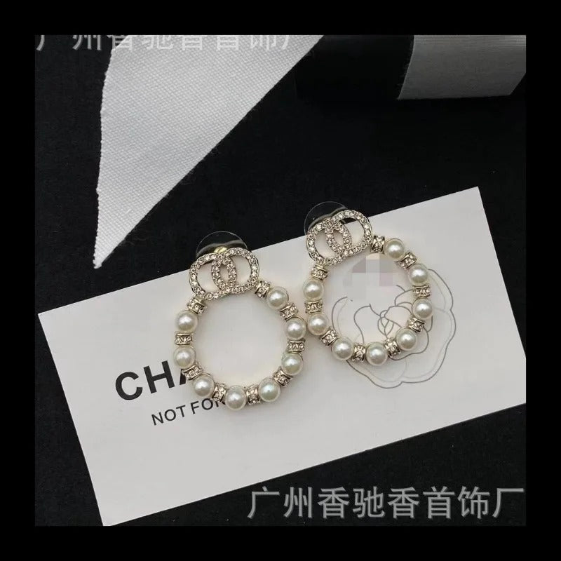 Elegant Double Diamond Pearl Earrings Chic Round Design Earrings for Women with Timeless Style