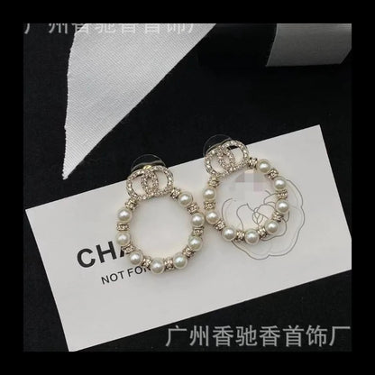 Elegant Double Diamond Pearl Earrings Chic Round Design Earrings for Women with Timeless Style