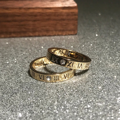 Rose Gold Roman Numeral Couple Ring Zircon Titanium Steel