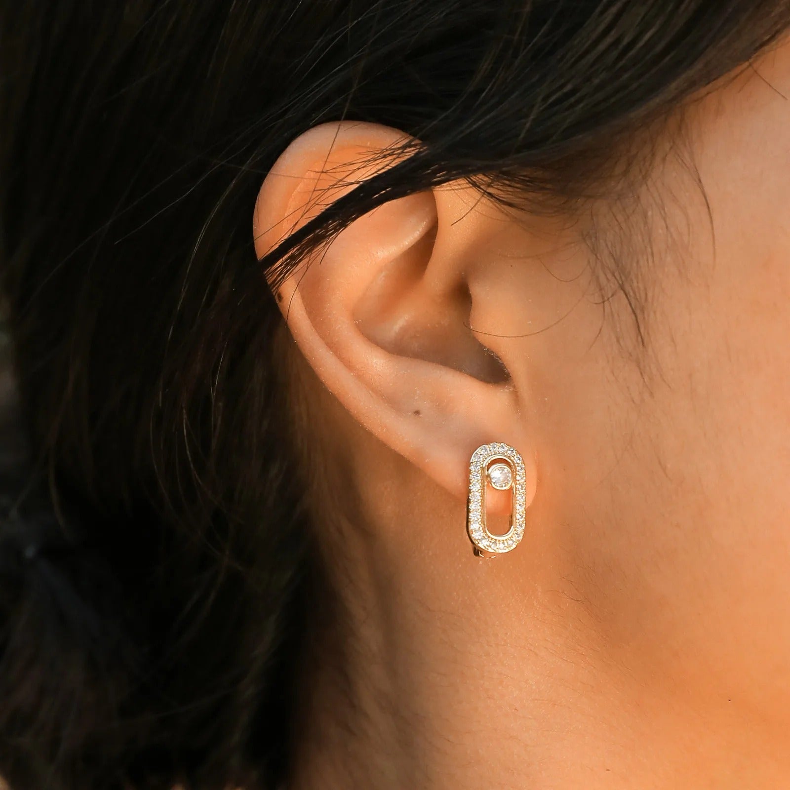 Women Girls Geometric Trendy Hoops Earrings, Paperclip Shape Metal Earrings Bling AAA Cubic Zirconia Stone Party Jewelry Huggies