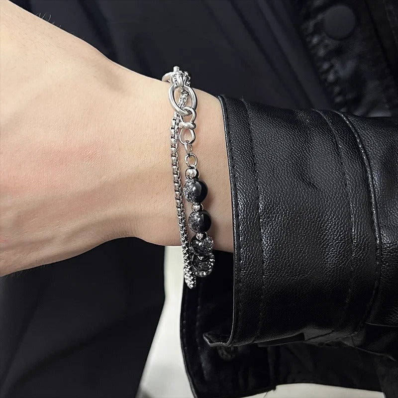 Stainless Steel Ice Cracking Bead Bracelet Layered Link Jewelry