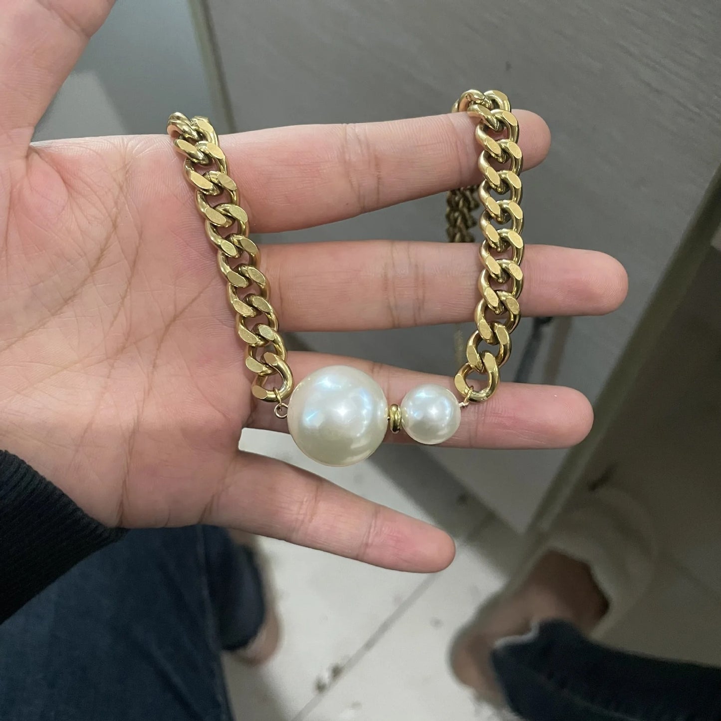 Imitation Pearl Exaggerated Pendant Necklace Retro Thick Chain Choker European American Style Hot-Selling Jewelry Accessory