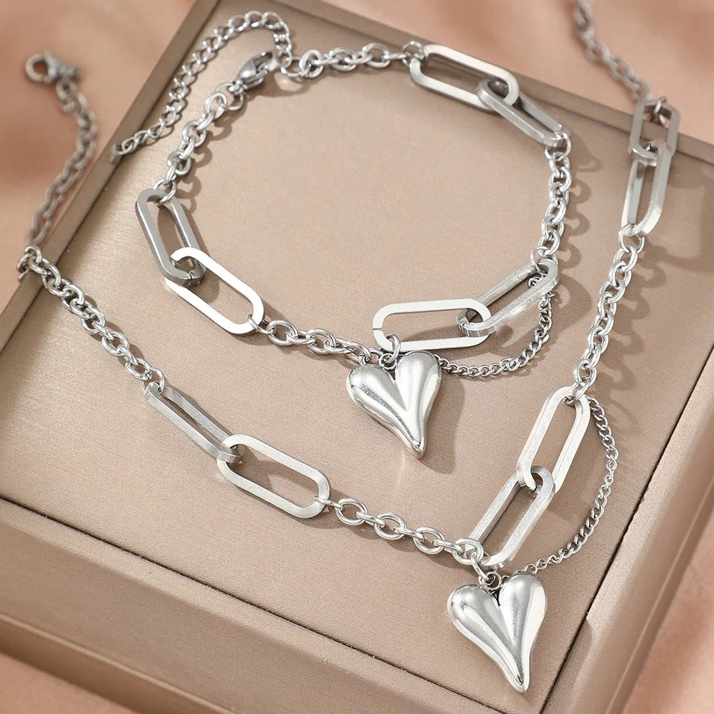 Stainless steel combination of two sets of new light luxury retro heart-shaped irregular chain women's jewelry daily matching