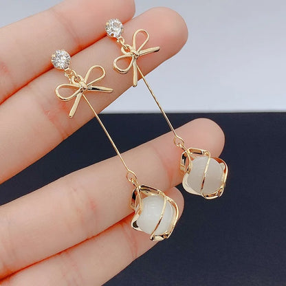 Round Opal Bead Dangle Earrings Women Bow Knot Rhinestone Jewelry