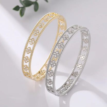 High-Quality Gold Plated Four-Leaf Clover Bangle Bracelet Women