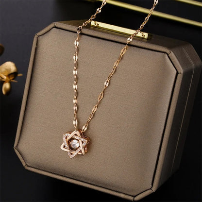 Star Stainless Steel Chain Necklace Transparent Rotate Zircon Pendant Necklace Couple Jewelry Christmas Gift