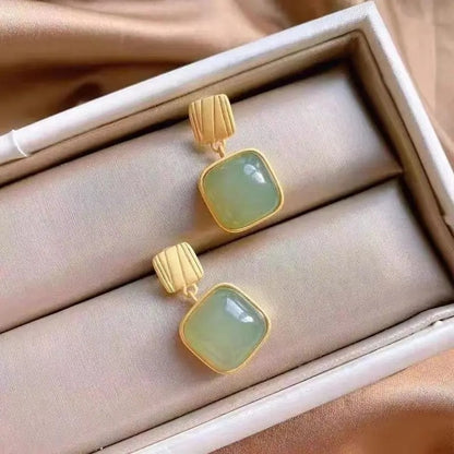 Exaggerated Green Jade Square Drop Earrings Women Jewelry Gift