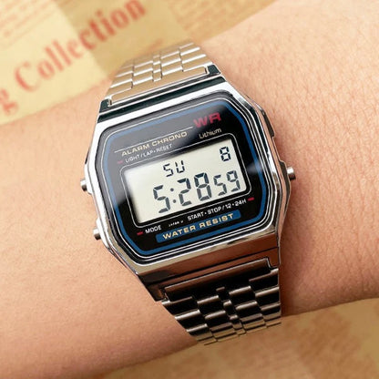 Luxury Gold & Silver Retro LED Digital Watch – Unisex Sports Military Wristwatch with Steel Band