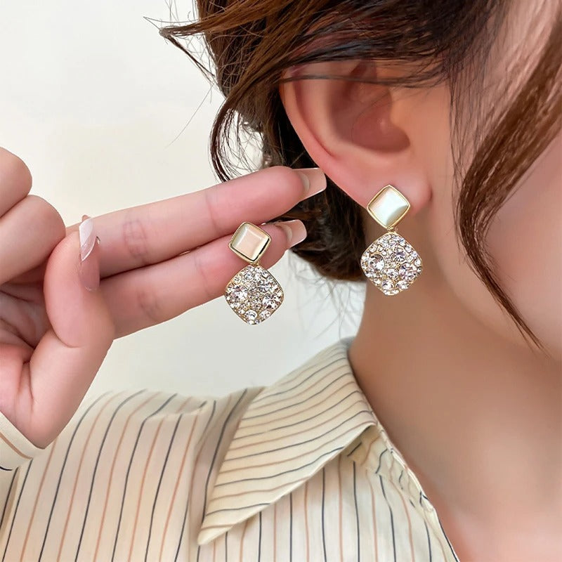 925 Silver Cat’s Eye Crystal Earrings Luxury Square Drop Jewelry for Women