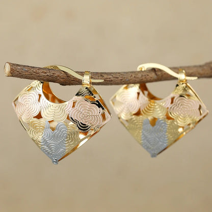 Exquisite Gold Square Carving Tricolor Flower Hoop Earrings Women Jewelry