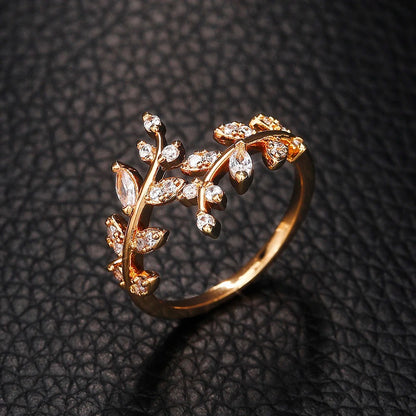 Adjustable Leaf Ring with Cubic Zirconia Huitan Jewelry