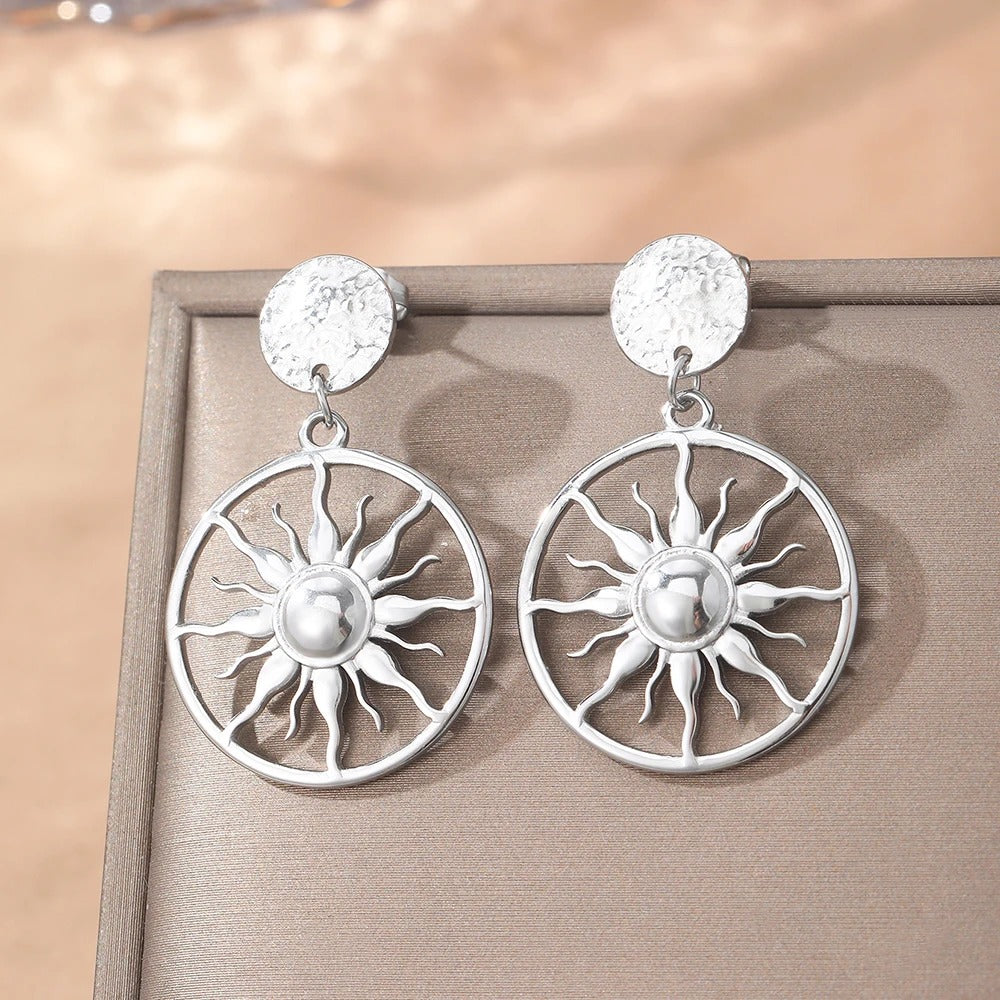 Stainless Steel Sunflower Circle Dangle Earrings for Women
