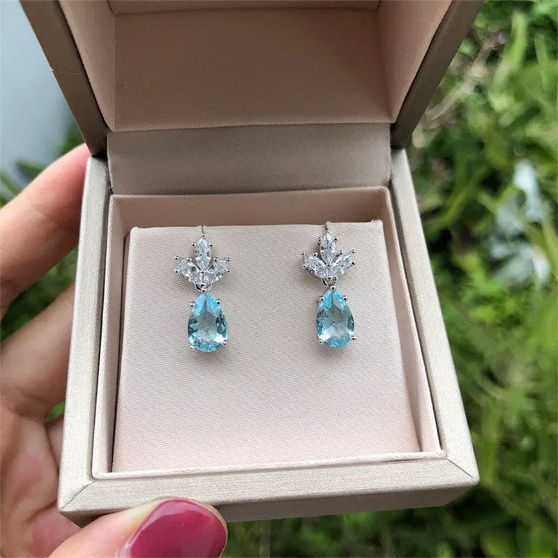 Women's Dangle Earrings with Blue Water Drop Cubic Zirconia Wedding Party Accessories Fancy Birthday Gift Fashion Jewelry