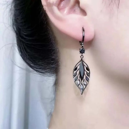 Black Crystal Leaf Tassel Drop Earrings for Women Wedding Jewelry