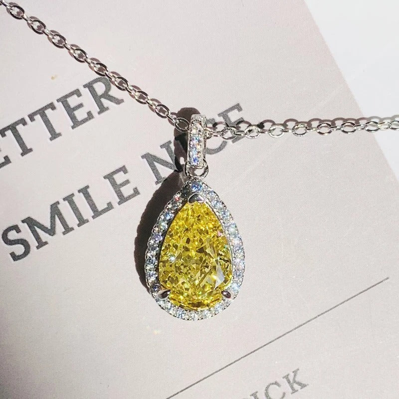 Fashion Pear-shaped Yellow Zirconia Pendant Necklace Women Luxury Engagement Accessories Temperament Lady Wedding Jewelry