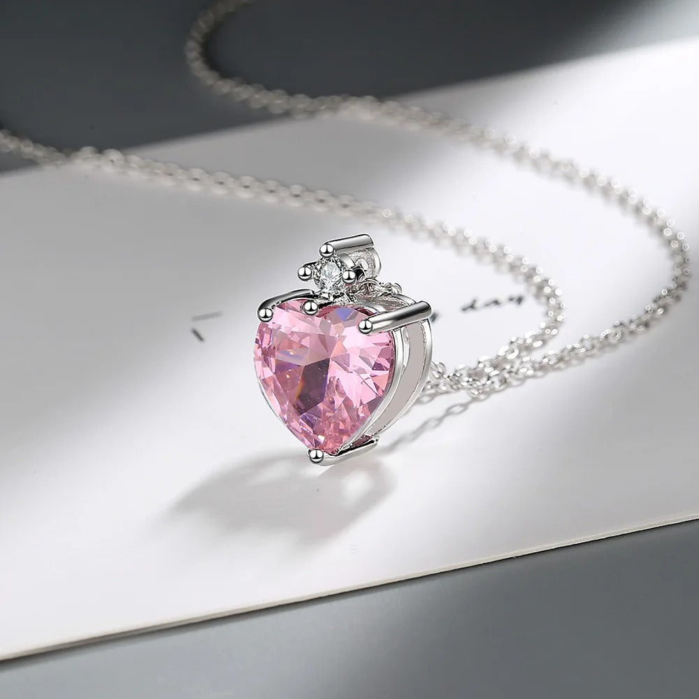 Luxury Heart Pink Zircon Necklace Women’s Sterling Silver Chain