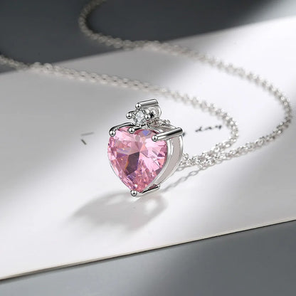 Luxury Heart Pink Zircon Necklace Women’s Sterling Silver Chain