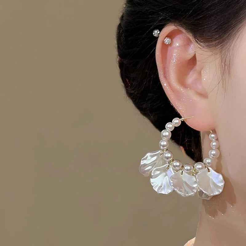 Shell Flower Dangle Earrings Women Pearl Beads Jewelry