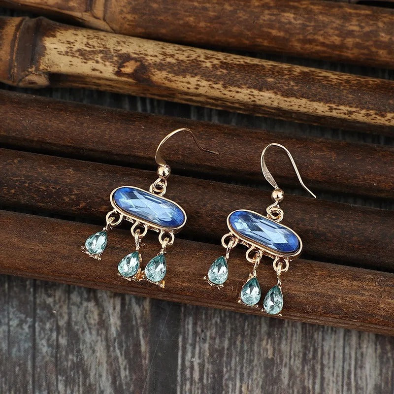 Oval Blue Stone Water Drop Gold Earrings Fashion Jewelry