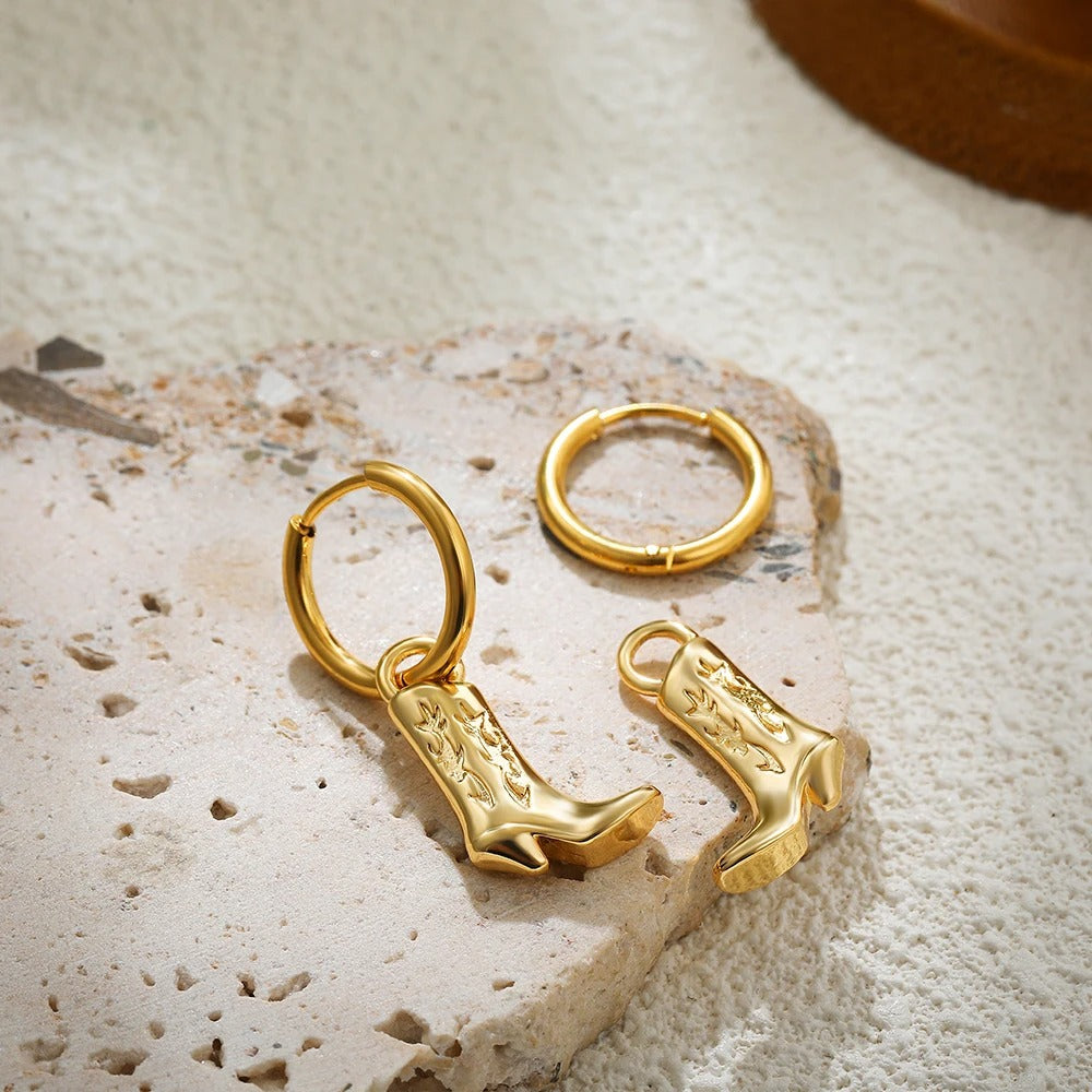 Vintage Cowboy Boot Dangle Earrings Women Gold Plated Hoop Jewelry