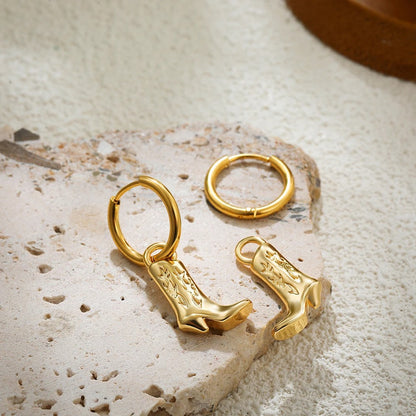Vintage Cowboy Boot Dangle Earrings Women Gold Plated Hoop Jewelry