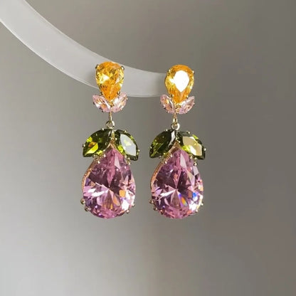 Pink Zircon Water Drop Flower Dangle Earrings for Women