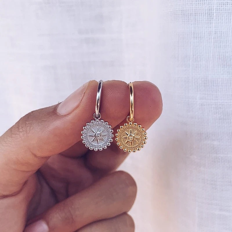 Round Coin Cubic Zirconia Dangle Earrings Silver Gold Women