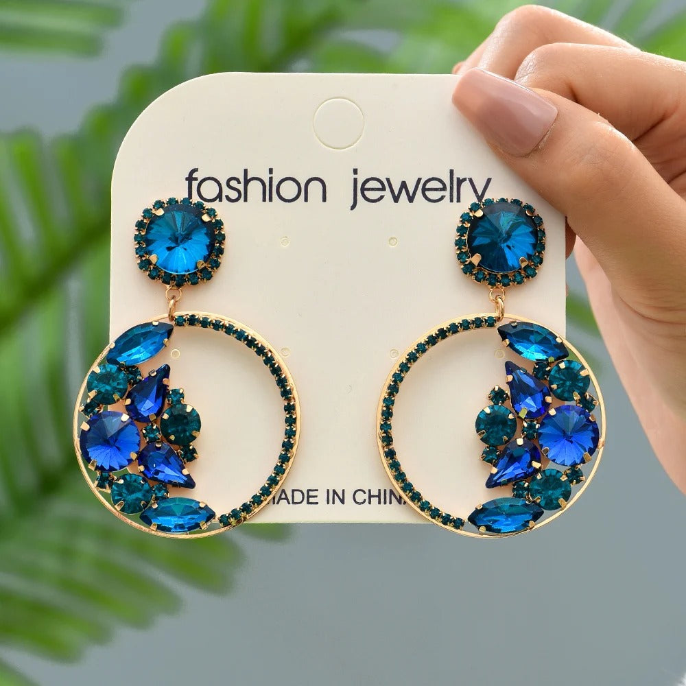 Fashion Rhinestone Hoop Dangle Earrings For Women Trend Luxury High Quality Round Big Pendants Vintage Jewelry Party Accessories