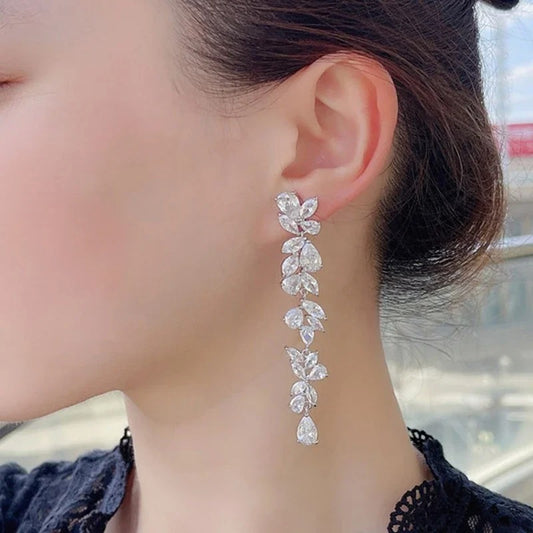 Long Wedding CZ Flower Dangle Earrings Women Jewelry