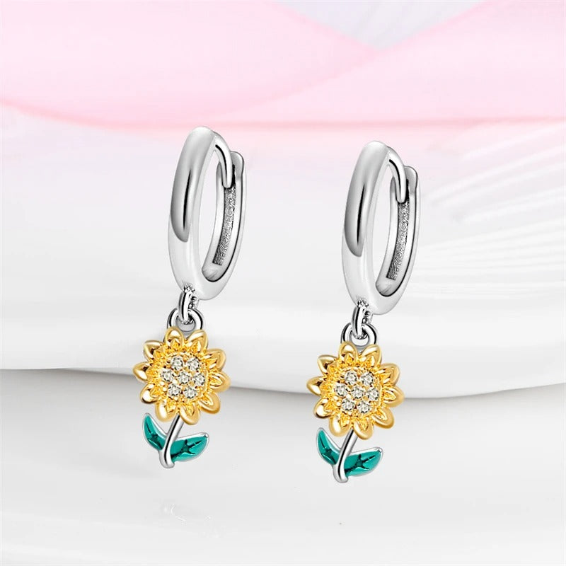 Sterling Silver Sunflower Double Hoop Earrings Women Birthday Jewelry