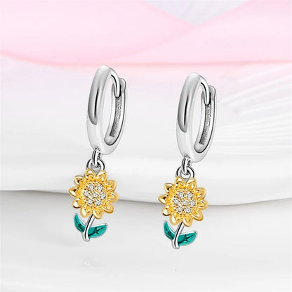 Sterling Silver Sunflower Double Hoop Earrings Women Birthday Jewelry